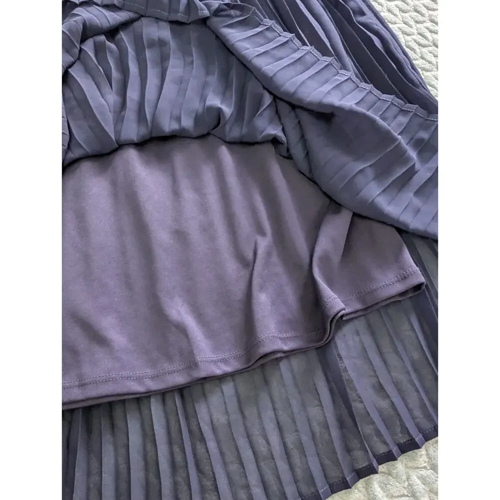 Avon Navy Blue Midi Chiffon Pleated Skirt Modest Cottagecore Medium
